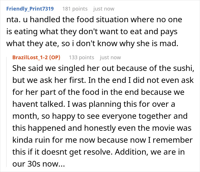 A screenshot of a forum comment defending the user for not catering to a picky eater's sushi preferences. A screenshot of a forum comment defending the user for not catering to a picky eater's sushi preferences.