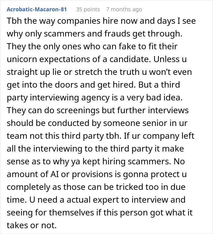 A software engineer discusses hiring scam, suggesting third-party interviewing agencies are a bad idea.
