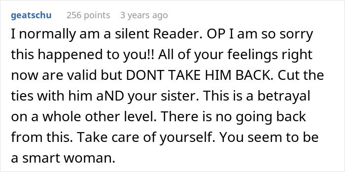 A woman discovers her husband and sister completely naked in her home. This image displays a comment about the betrayal and telling the woman not to take him back.