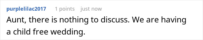 A screenshot of a Reddit comment stating, Aunt, there is nothing to discuss. We are having a childfree wedding. A screenshot of a Reddit comment stating, Aunt, there is nothing to discuss. We are having a childfree wedding.