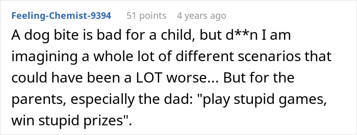 A comment about a dog owner's worst nightmare, where a dog bite could be much worse, especially with neighbor's parents. A comment about a dog owner's worst nightmare, where a dog bite could be much worse, especially with neighbor's parents.