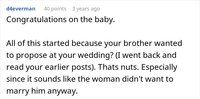 Reddit comment congratulating on the baby and discussing the entitled man's wedding proposal and losing more than he bargained for.