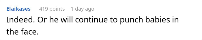 A screenshot of a Reddit comment supporting a man punishing his nephew for punching his baby daughter.