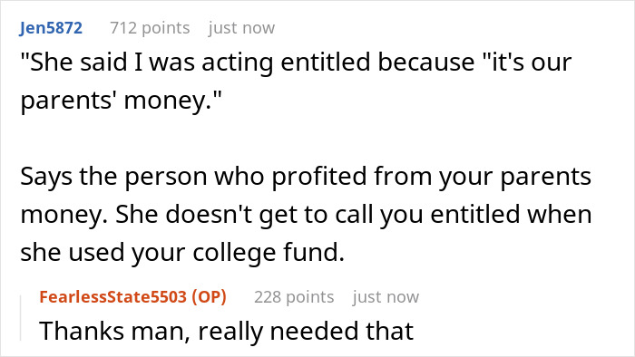 A Reddit comment discussing a woman wanting an apology for her sister receiving her college fund. The family says she should move on. A Reddit comment discussing a woman wanting an apology for her sister receiving her college fund. The family says she should move on.