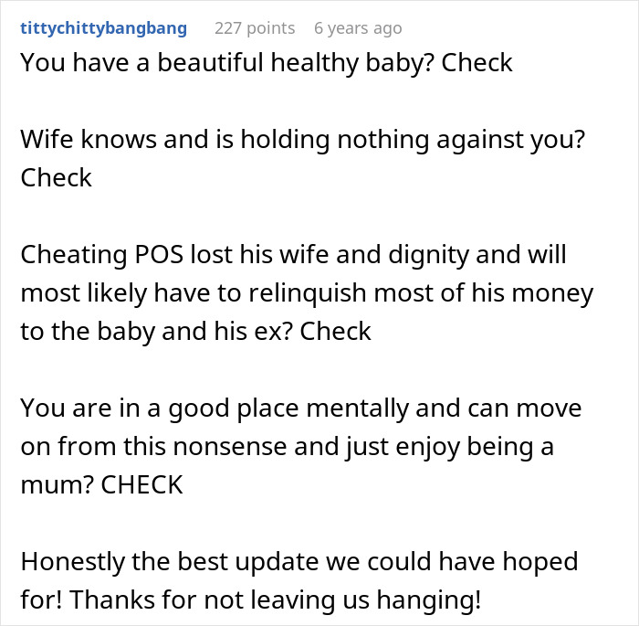 A comment celebrating the positive outcomes for a pregnant woman despite a nasty surprise from her boyfriend. A comment celebrating the positive outcomes for a pregnant woman despite a nasty surprise from her boyfriend.