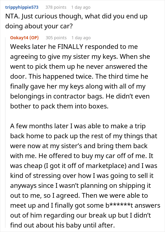 Reddit comment about a man hiding his baby from his entire family, with details of a breakup and car keys.