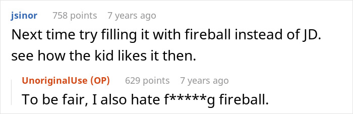 A user suggests fireball instead of JD for the alcohol-spiked cola, and OP's response.