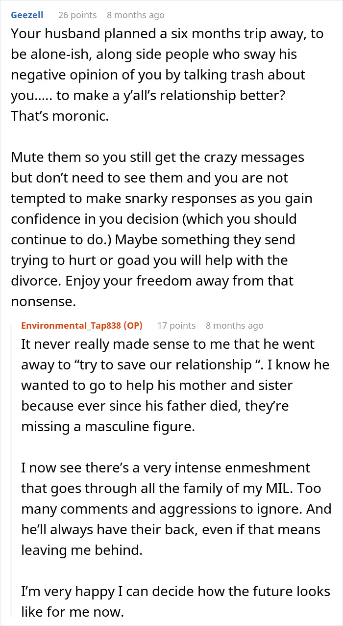 A woman recounts her experience as the third wheel in her marriage, detailing her husband's trip and MIL's negative influence. A woman recounts her experience as the third wheel in her marriage, detailing her husband's trip and MIL's negative influence.