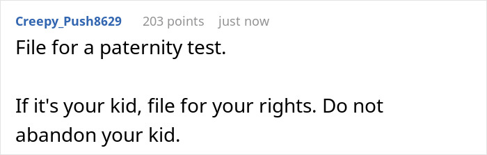 Screenshot of advice to file for a paternity test and parental rights for the baby's dad Screenshot of advice to file for a paternity test and parental rights for the baby's dad