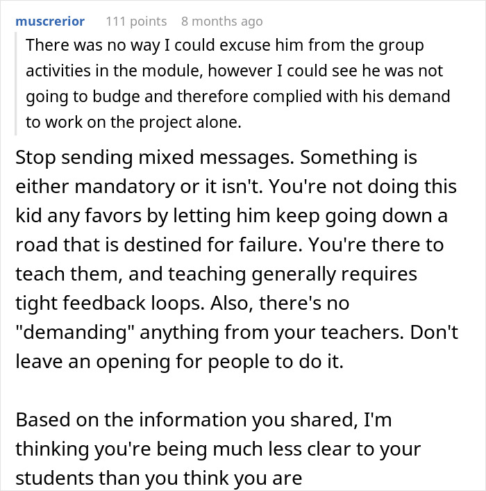 A comment advising a lecturer on how to handle a student refusing group work and facing a hard fail. A comment advising a lecturer on how to handle a student refusing group work and facing a hard fail.