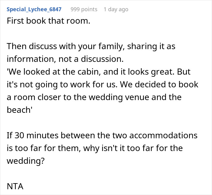 Reddit comment about travel plans and family discussion, discussing booking rooms closer to a wedding venue and beach.