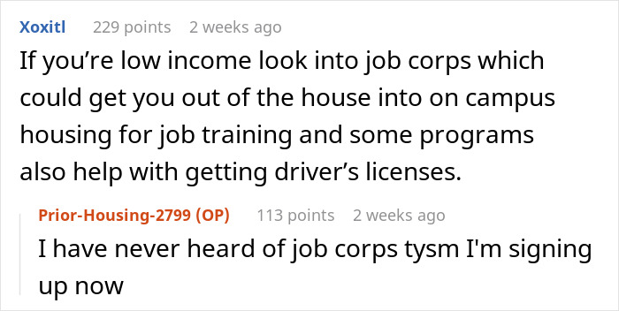 Screenshot of comments discussing Job Corps as an option for a daughter facing a narcissist mom. Screenshot of comments discussing Job Corps as an option for a daughter facing a narcissist mom.