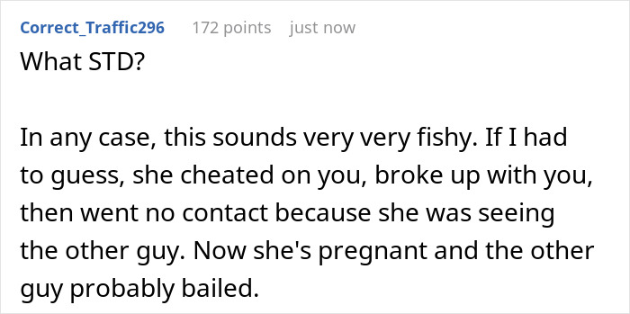 A Reddit comment discussing an ex ending relationship by text and disappearing, then using paperwork to name man as baby’s dad. A Reddit comment discussing an ex ending relationship by text and disappearing, then using paperwork to name man as baby’s dad.
