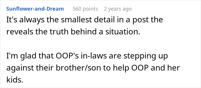 A screenshot of a Reddit comment mentioning in-laws stepping up to help a woman and her kids after a husband's violent reaction. A screenshot of a Reddit comment mentioning in-laws stepping up to help a woman and her kids after a husband's violent reaction.
