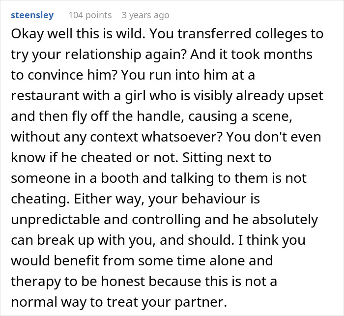 A screenshot of a comment from user steensley giving their take on a woman's complaint about her cheating ex.