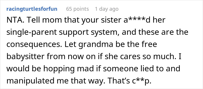 Screenshot of Reddit comment about the consequences for a single mom who lies to get a babysitter. Screenshot of Reddit comment about the consequences for a single mom who lies to get a babysitter.