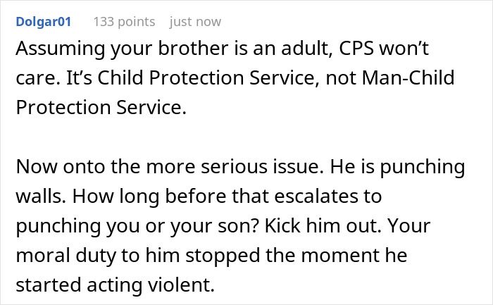 Reddit comment discussing child protection services (CPS) and a violent moocher punching walls.