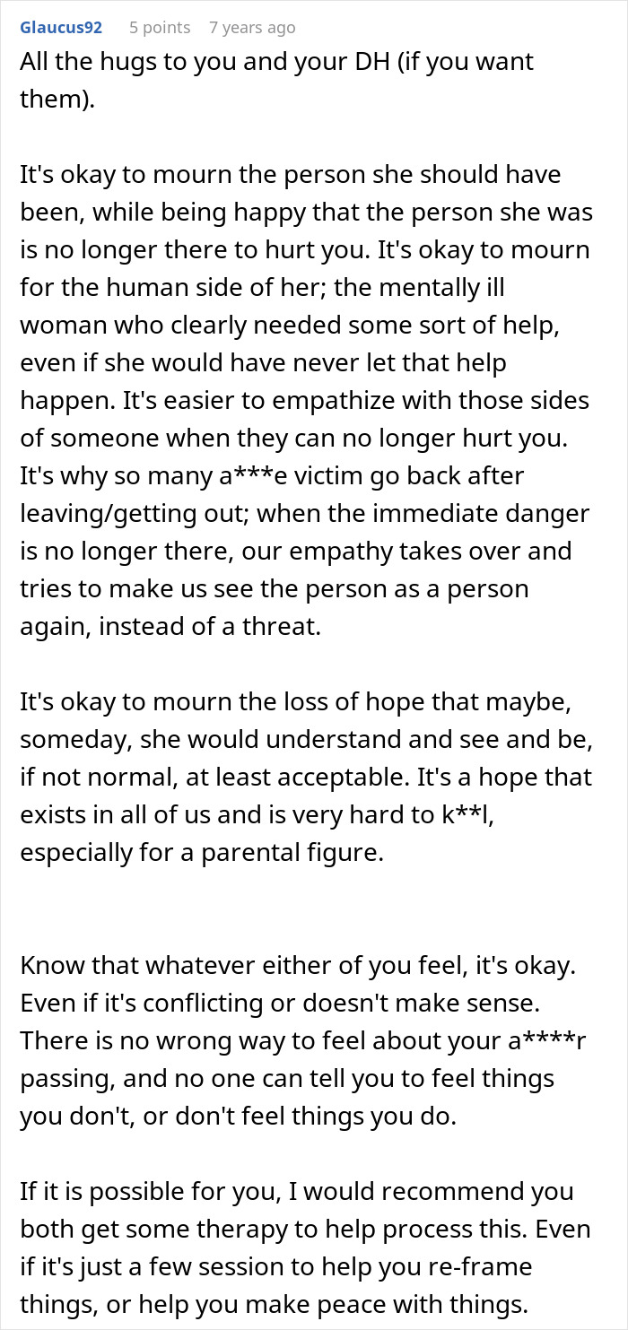 A Reddit comment offering support and suggesting therapy for dealing with the crazy MILs passing and witching.