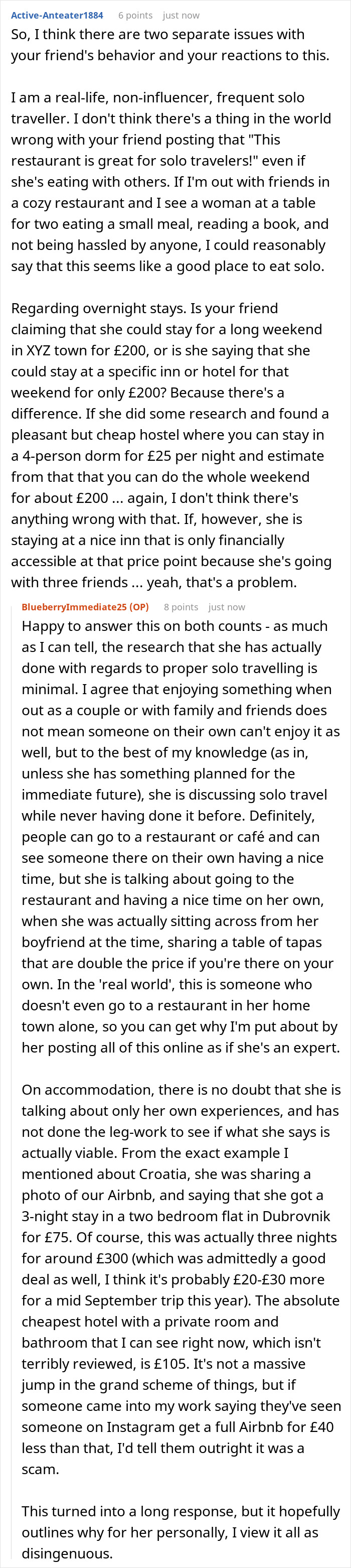 Detailed text post exposing a travel influencer for lying about solo trips and budget, with multiple user comments. Detailed text post exposing a travel influencer for lying about solo trips and budget, with multiple user comments.