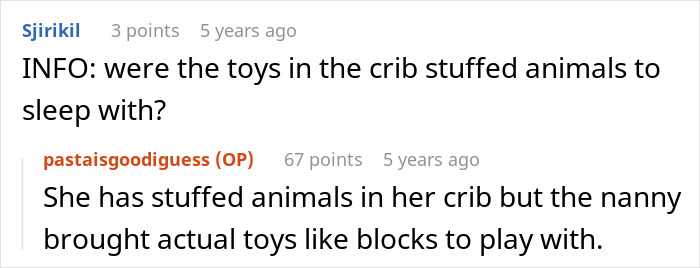 A screenshot of a Reddit comment discussion about a nanny violating boundaries regarding a child's toys in the crib.