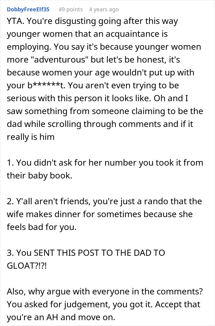 A Reddit comment about a guy pursuing friend's nanny, highlighting inappropriate behavior. Friend tells the dark truth.