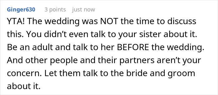 A Reddit comment criticizing the bride's timing for discussing the wedding guest list issue at the wedding.
