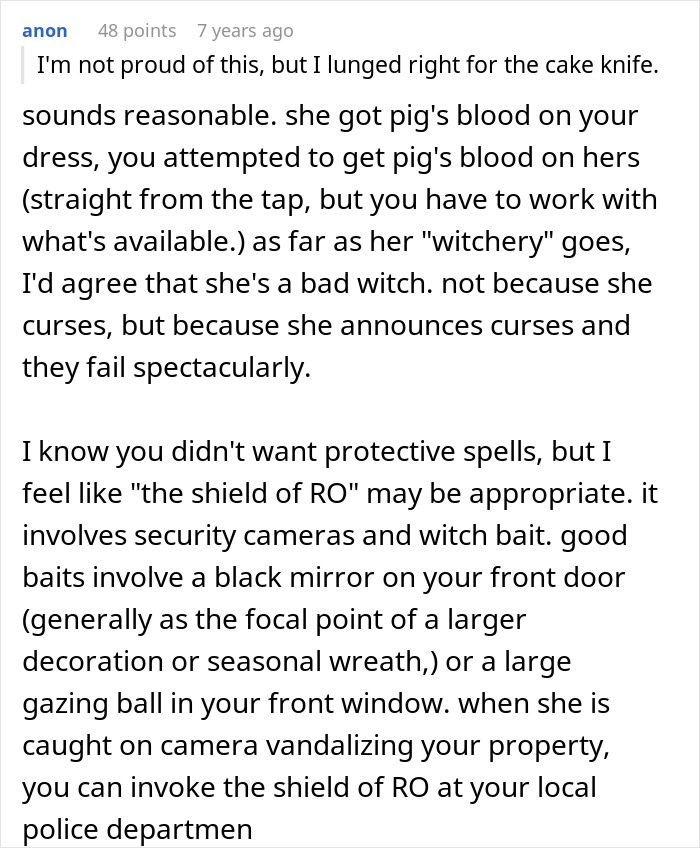 A Reddit comment about a crazy MIL and witching around, discussing protective spells and surveillance.