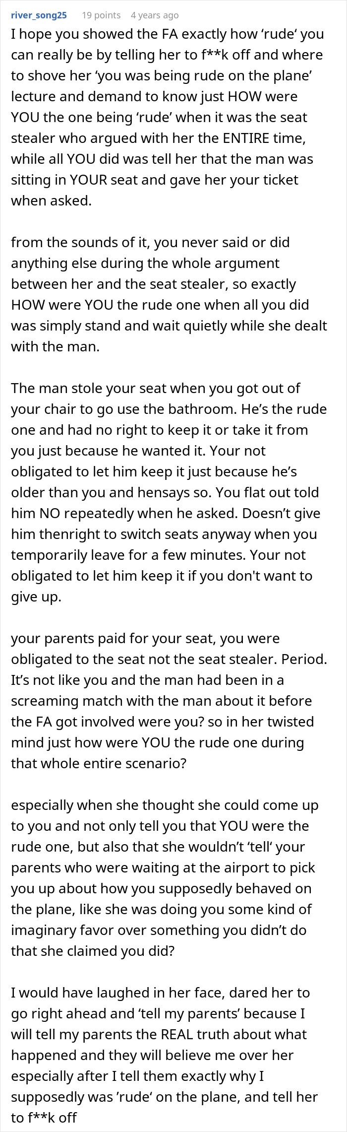 A lengthy comment from 'river_song25' supporting the child whose window seat was stolen and criticizing the flight attendant. A lengthy comment from 'river_song25' supporting the child whose window seat was stolen and criticizing the flight attendant.