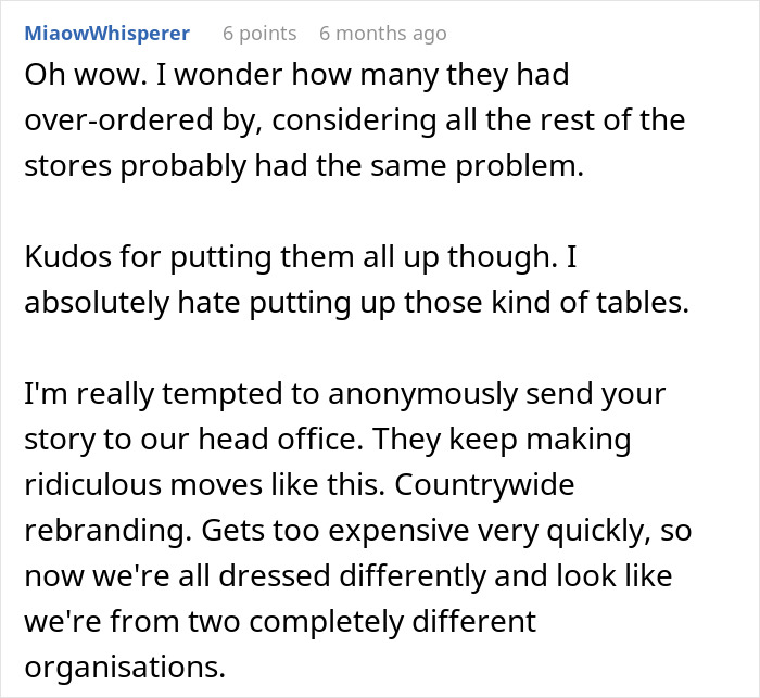 A screenshot of a Reddit comment expressing disbelief at the number of items over-ordered due to a boss's stupid idea. A screenshot of a Reddit comment expressing disbelief at the number of items over-ordered due to a boss's stupid idea.