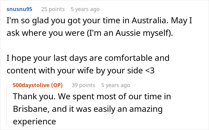 A Reddit comment from an Australian user wishing comfort to the husband and his wife, asking where they traveled before the sad news. A Reddit comment from an Australian user wishing comfort to the husband and his wife, asking where they traveled before the sad news.