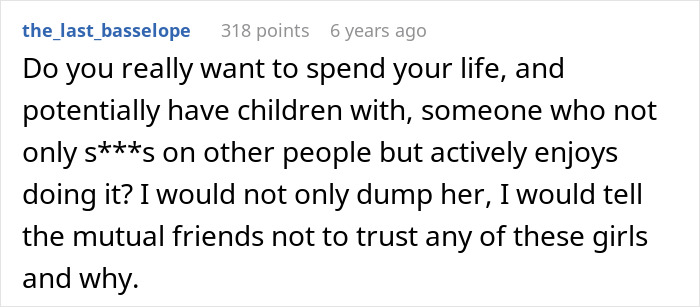A comment questioning a guy's desire to have children with someone who enjoys talking negatively about others, suggesting a relationship change.