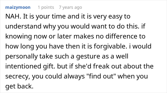 A comment advising a husband on whether to tell his wife sad news now or later after a trip. A comment advising a husband on whether to tell his wife sad news now or later after a trip.