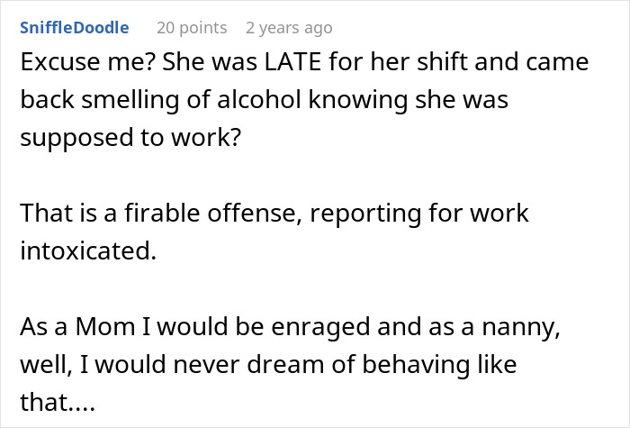 A comment from SniffleDoodle expressing anger over a nanny's behavior on family vacation.
