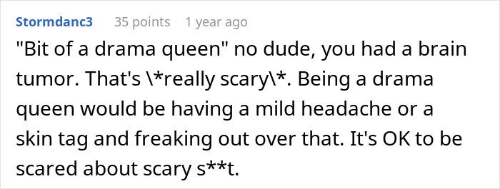 A Reddit comment validating a patient's fear after a brain tumor diagnosis, emphasizing it's a scary experience.