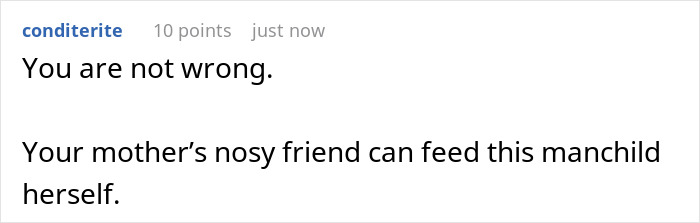 A comment states that the user is not wrong and suggests the moocher be fed by another. The text is on a white background.