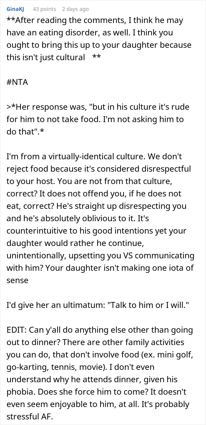 Mom gives ultimatum to daughter about BF's dinner table habit; suggests it might be an eating disorder, not just cultural. Mom gives ultimatum to daughter about BF's dinner table habit; suggests it might be an eating disorder, not just cultural.