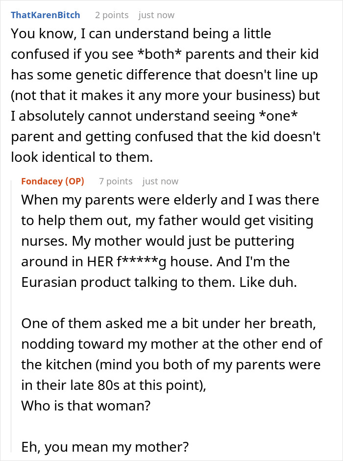 A Reddit thread where a mixed-race mom invents family scandals to explain her blue-eyed kid. A Reddit thread where a mixed-race mom invents family scandals to explain her blue-eyed kid.