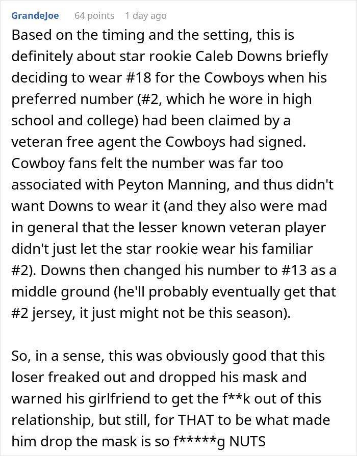 A detailed explanation about a football player's jersey number causing the fiancé to be upset, leading to the relationship change. A detailed explanation about a football player's jersey number causing the fiancé to be upset, leading to the relationship change.