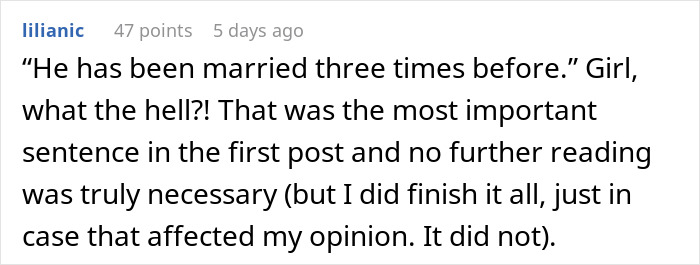 Reddit comment emphasizing the crucial detail about BF's three marriages that GF discovered.