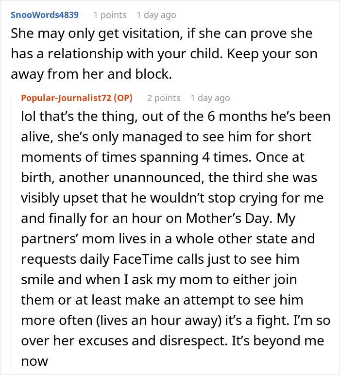 A Reddit comment discussing visitation rights for a delusional mom who threatens to sue her daughter. A Reddit comment discussing visitation rights for a delusional mom who threatens to sue her daughter.