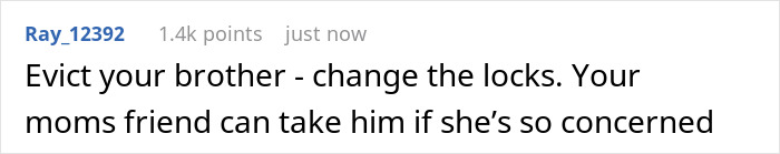 A comment suggesting to evict the brother and change the locks in the moocher raiding food situation.