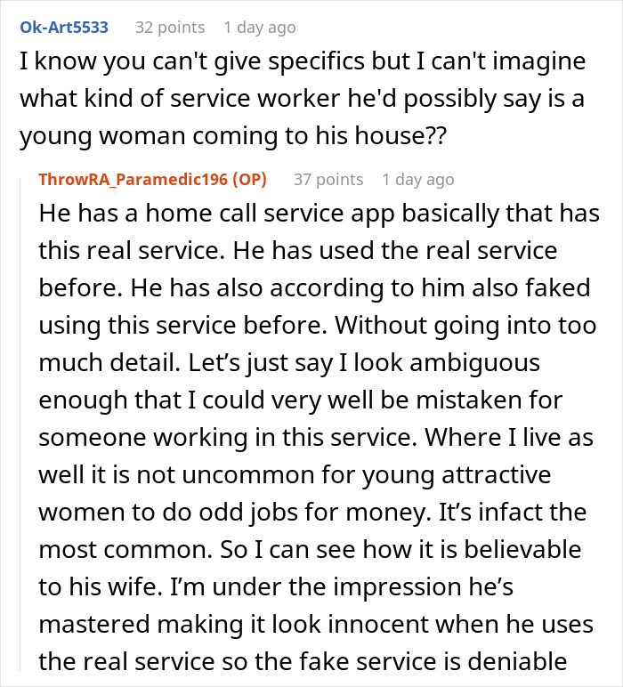 25YO woman realizes 39YO BF is a cheater, worries about telling his pregnant wife the truth, discusses service worker.