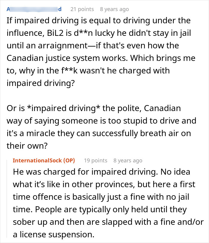 A comment section discussing if impaired driving equals driving under influence, and how the Canadian justice system works.