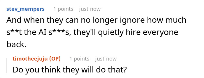 A screenshot showing a Reddit comment discussing the potential for AI to replace an entire team and the ex-Meta worker's job. A screenshot showing a Reddit comment discussing the potential for AI to replace an entire team and the ex-Meta worker's job.