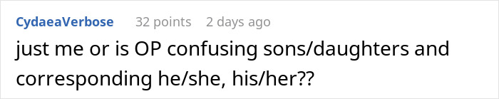 A Reddit comment asking if the original poster is confusing sons/daughters and corresponding pronouns in the Kindle story. A Reddit comment asking if the original poster is confusing sons/daughters and corresponding pronouns in the Kindle story.