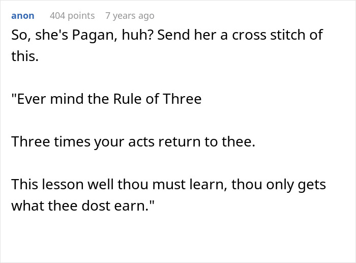 A Reddit comment quoting the Rule of Three, hinting at the crazy MIL's comeuppance from her witchcraft.