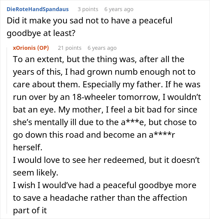 Reddit comments discussing the emotional impact of toxic parents and an 18YO daughter leaving the country. Reddit comments discussing the emotional impact of toxic parents and an 18YO daughter leaving the country.