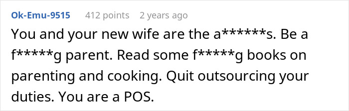 A comment from Ok-Emu-9515 strongly criticizing the dad and his new wife for outsourcing parental duties and telling him to be a better parent. A comment from Ok-Emu-9515 strongly criticizing the dad and his new wife for outsourcing parental duties and telling him to be a better parent.