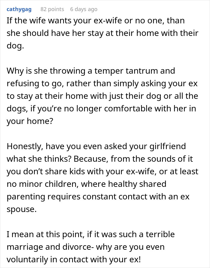 Comment about a guy's dilemma with his ex-wife staying in his home, questioning the friends' motives. Comment about a guy's dilemma with his ex-wife staying in his home, questioning the friends' motives.