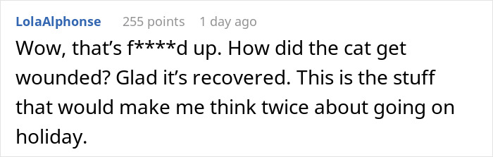 A comment about a house sitter, a cat being wounded and recovering.